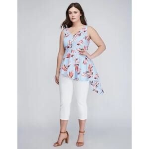 Lane Bryant Size 14 Blue with Pink Painted Feather Asymmetrical Peplum Top